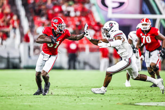 Georgia wide receiver Marcus Rosemy-Jacksaint (81) during the Bulldogs’ game against South Carolina in Athens, Ga., on Saturday, Sept. 18, 2021. (Photo by Tony Walsh)